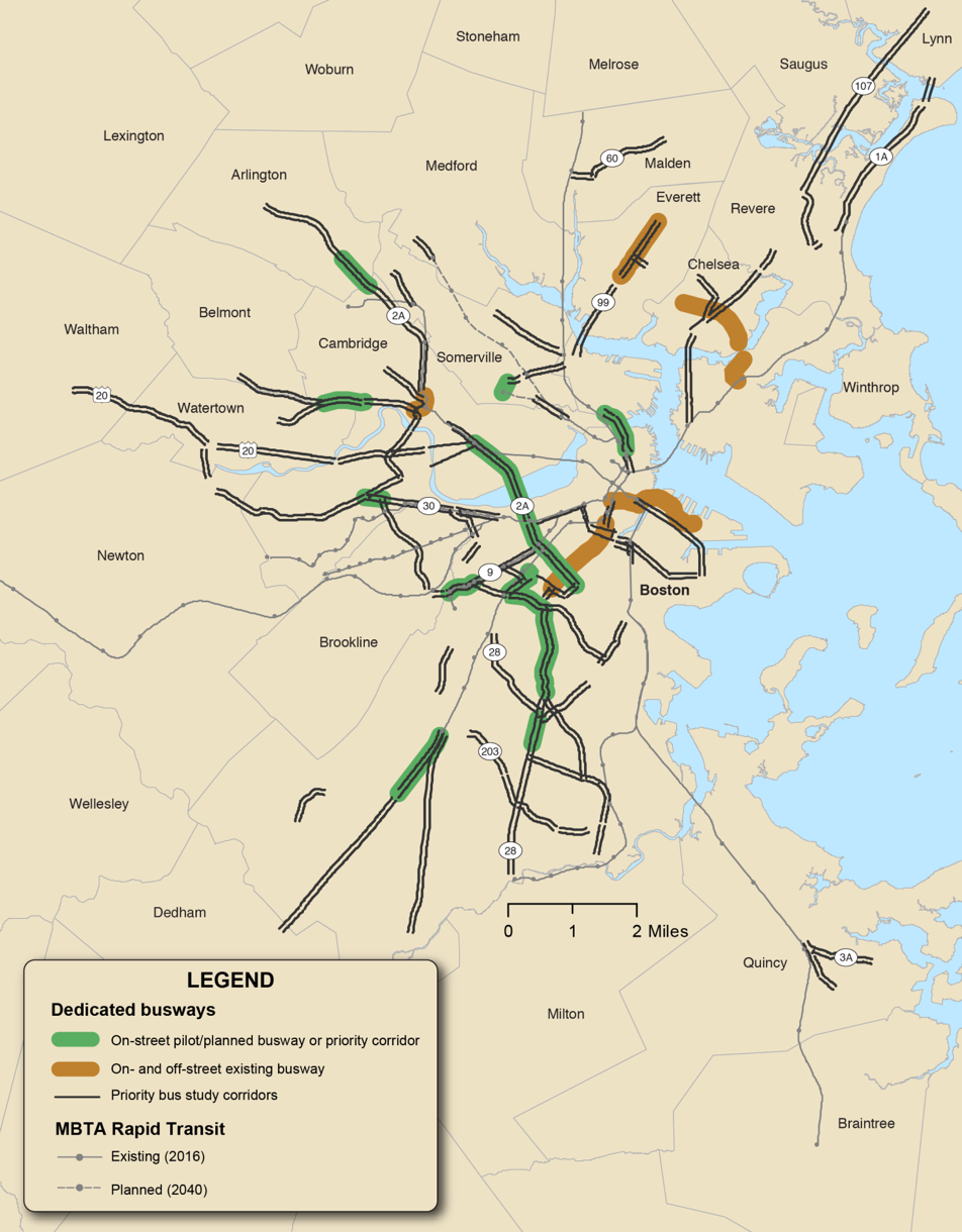 Figure 3: Priority Bus Study Corridors in the Boston Region
Figure 3 is a map of the eastern part of the Boston region that depicts the location of existing and planned dedicated busways and rapid transit lines.
